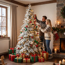 Albero di Natale Innevato Ø135x210 cm con 450 Luci LED Bianco Caldo 1080 Rami Ignifughi Timer Telecomando e 8 Modalità      