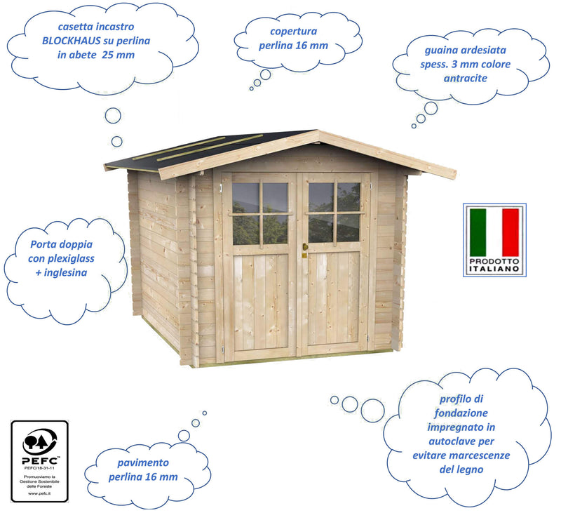Casetta Box da Giardino per Attrezzi 215x180 cm con Porta Doppia Finestrata in Legno Naturale