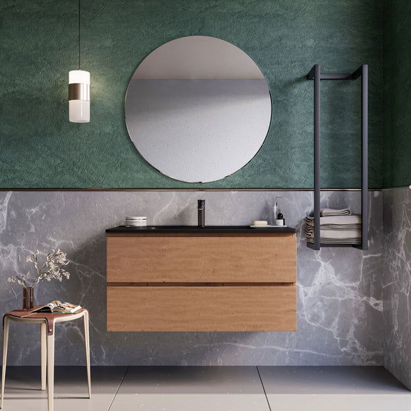 Mobile bagno sospeso 80 cm Rovere Cartagena lavabo nero opaco Seattle con Specchio Led Retroilluminato Bonussi online