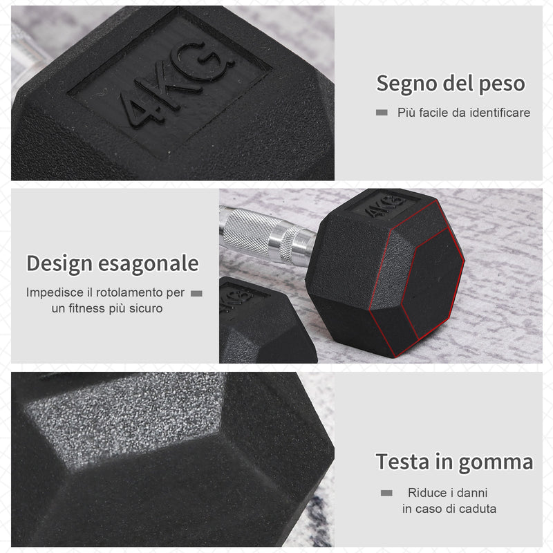 Set di 2 Manubri Esagonali da 4 kg con Presa Antiscivolo e Rivestimento in Gomma Nero   