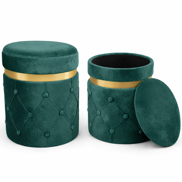 acquista Set 2 Pouf Contenitori 38x44 cm e 31x38 cm con Design Trapuntato in Velluto Verde