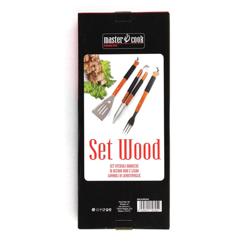Set 3 Utensili Accessori per  Barbecue in Acciaio Wood 