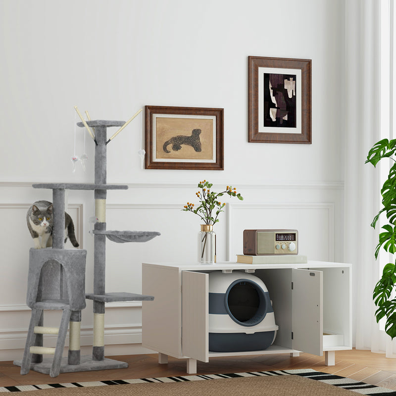 Albero Tiragraffi con Casetta e Piattaforme in Peluche 50x35x134,2 cm Trespoli e Giochi in Truciolato Peluche e Sisal Grigio  