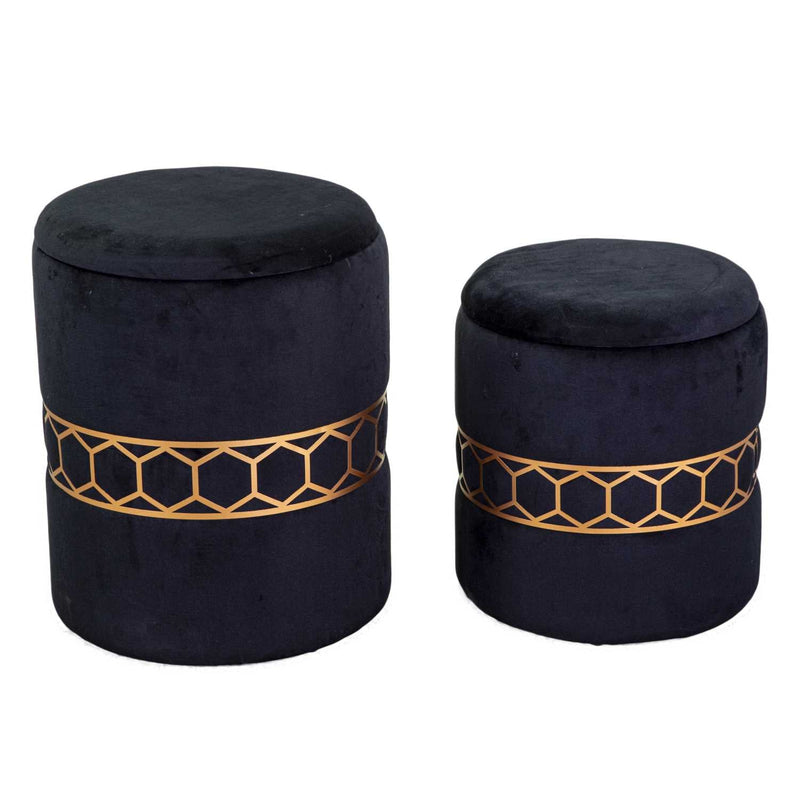 Set 2 Pouf Contenitore Ø35 cm e Ø39 cm in Tessuto Velluto Nero