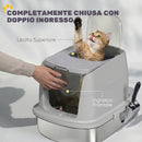 Lettiera per Gatti Chiusa 52,4x41,3x39,8 cm con Coperchio Ribaltabile Doppia Porta Paletta in Acciaio Inox Grigio Chiaro      