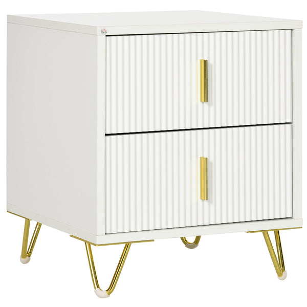 sconto Comodino con 2 Cassetti 40x40x47 cm in Legno con Maniglie e Gambe in Metallo Bianco e Oro