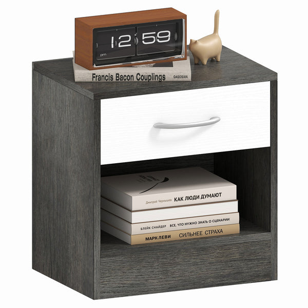 Comodino con Cassetto e Ripiano Aperto 39x28x41 cm in Legno Bianco e Grigio Scuro   