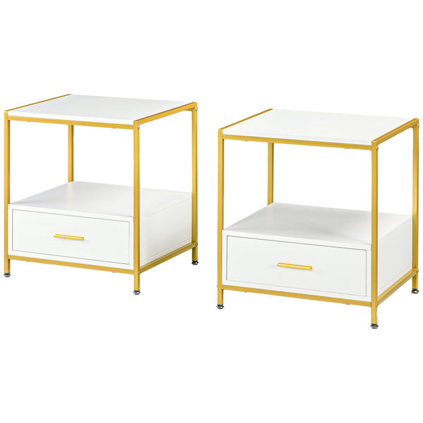 acquista Set 2 Comodini 2 Cassetti 50x40x55 cm in Acciaio e Legno Truciolare Bianco e Oro