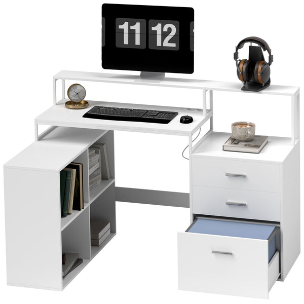 Scrivania da Ufficio Angolare 138,5x90x92 cm con Supporto per Monitor Cassetti e Ripiani in Legno Bianco acquista