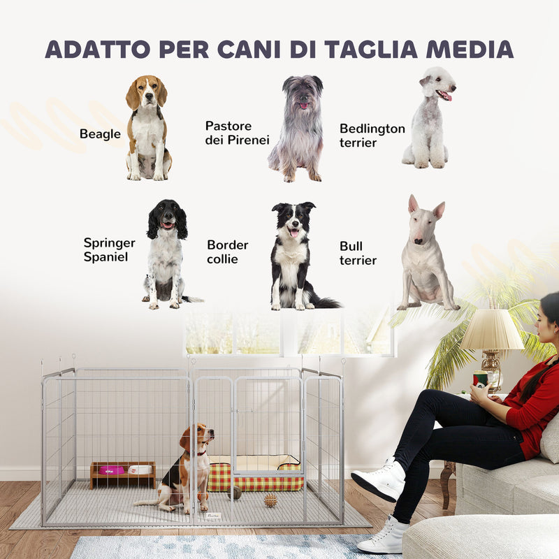 Recinto per Cani a 8 Pannelli Modulabili Pieghevole 80x1,5x80A cm con Porta di Ingresso in Acciaio Argento   