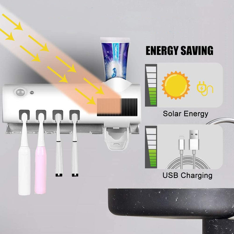 Sterilizzatore UV con 4 slot portaspazzolini dentifricio a ricarica solare USB Bianco