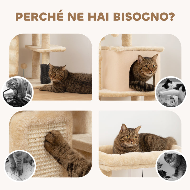 Albero per Gatti Multilivello Alto 104 cm con Casetta Lettino Pali Tiragraffi Spazzola e Pallina Beige      