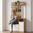 Mobile Appendiabiti da Ingresso 80x37x168 cm con Asta 4 Ganci Panca con Scarpiera e Armadietto in MDF Rovere e Bianco      