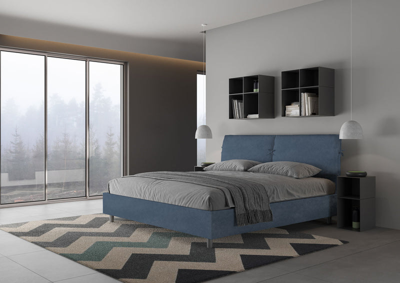 Letto Matrimoniale Testata con Cuscini Imbottito in Microfibra Mados Blu Varie Misure