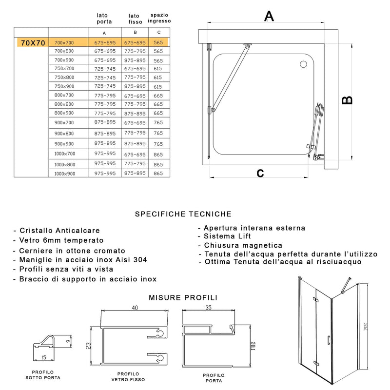Box Doccia Angolare 1 Anta a Libro in Cristallo Trasparente 6mm H195 Bonussi Noemi Varie Misure