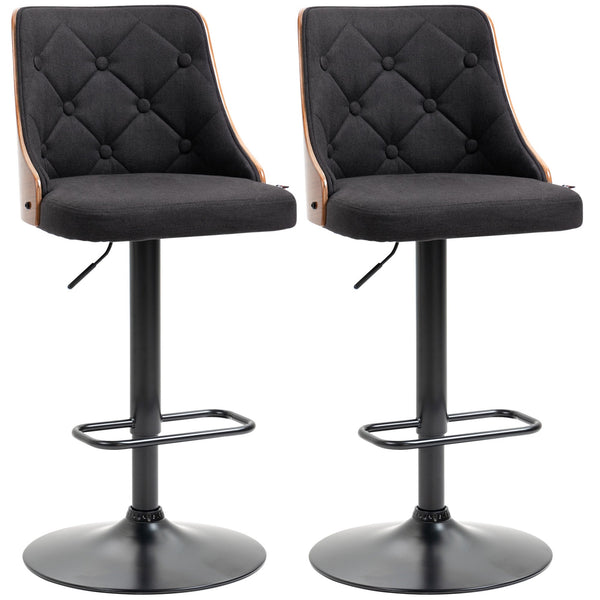 acquista Set 2 Sgabelli da Bar 47,5x50x93,5-116 cm Seduta in Lino Poliestere Nero e Noce