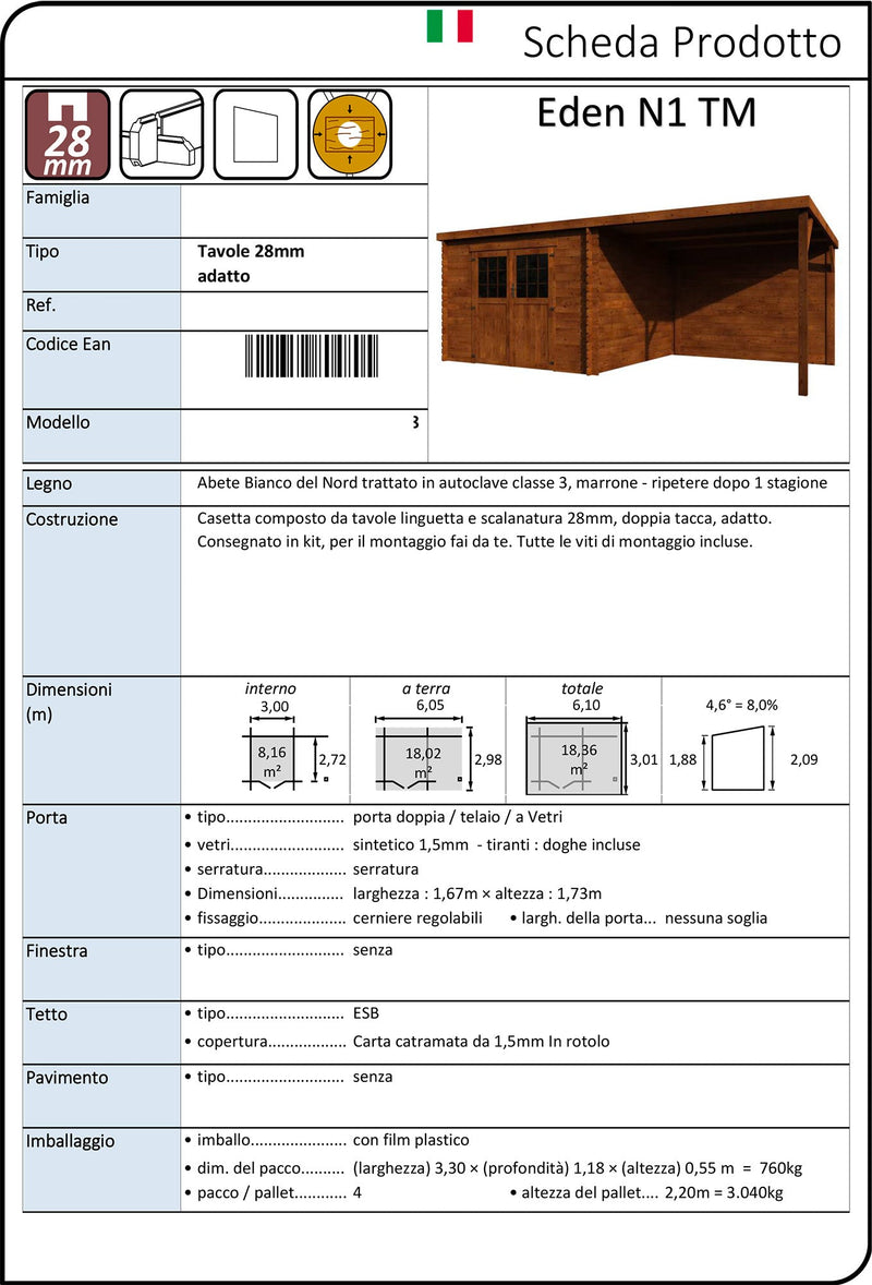 Casetta Box da Giardino per Attrezzi 6,05x2,98m Senza Pavimento con Tettoia in Legno Abete 28mm Eden Trattata