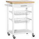 Carrello da Cucina 63x40x86 cm 1 Cassetto 2 Cestini in MDF e Legno Bianco