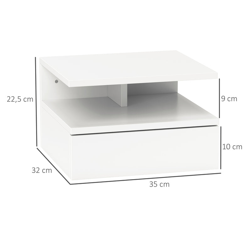 Comodino Sospeso per Camera da Letto 35x32x22,5 cm con Cassetto in Legno Bianco  