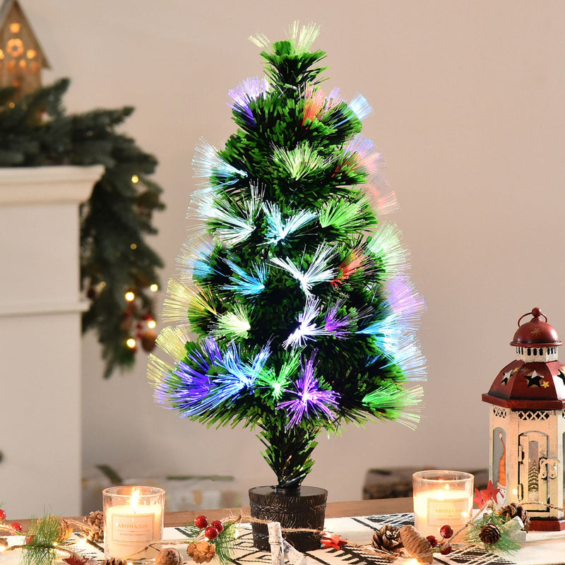 Mini Albero di Natale Artificiale 55 cm 40 Rami 40 Luci Fibre Ottiche Colorate Verde