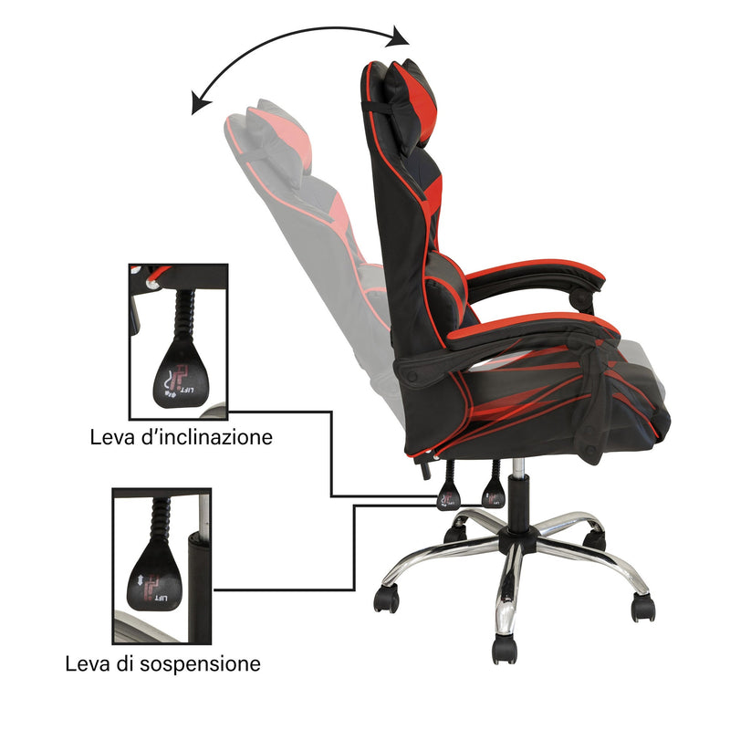 Sedia da Gaming 61x56x123 cm in Similpelle Nera e Rossa