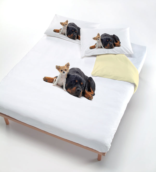 online Housse de couette avec imprimé sur le sac et deux taies d'oreiller chien crème
