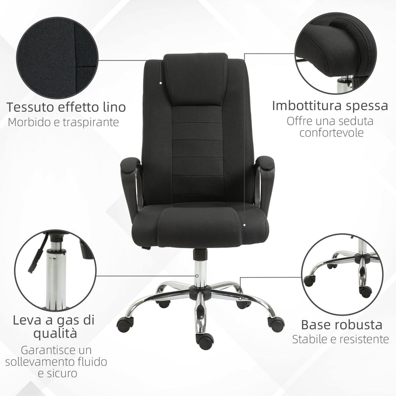 Sedia da Ufficio Ergonomica Basculante e Imbottita 62x76x110-119 cm in Poliestere Effetto Lino Nero  