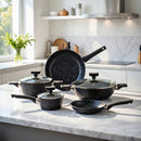 Batteria di Pentole 8 Pezzi Antiaderente Induzione in Alluminio Effetto Pietra Moneta Magnolia Stone Black