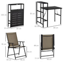 Set Tavolo con Mensola e 2 Sedie Pieghevoli da Giardino in Metallo e Textilene Marrone e Nero