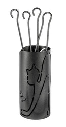 Trespolo per Attrezzi Camino Cilindrico Sagoma Gatto con Paletta Scopino Attizzino e Pinza Ø15,2x62 cm in Ferro Verniciato Grigio Martellato