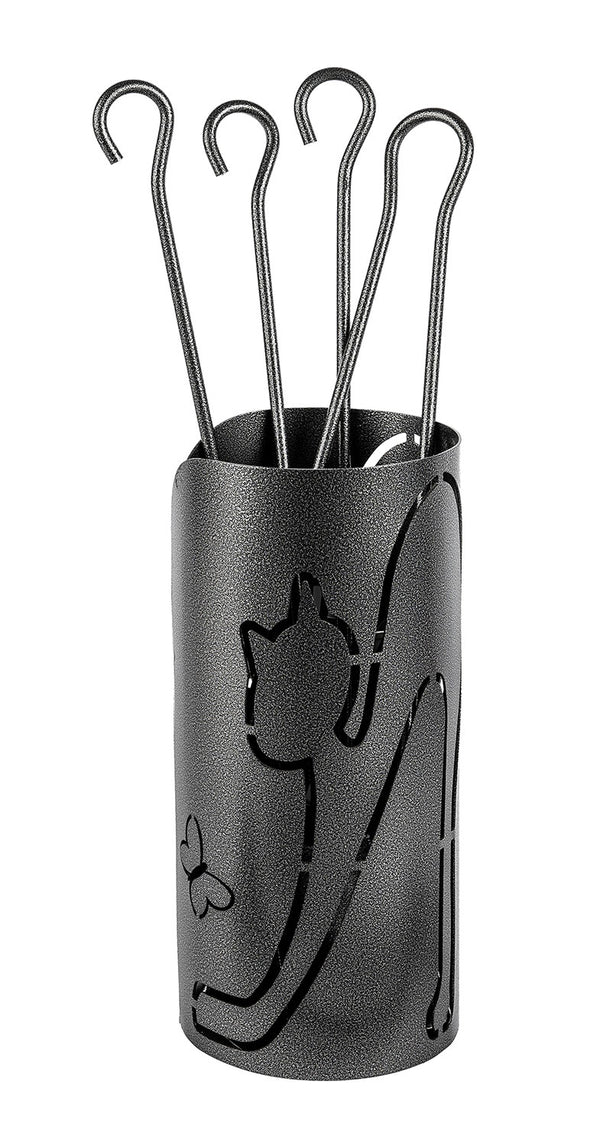 sconto Trespolo per Attrezzi Camino Cilindrico Sagoma Gatto con Paletta Scopino Attizzino e Pinza Ø15,2x62 cm in Ferro Verniciato Grigio Martellato