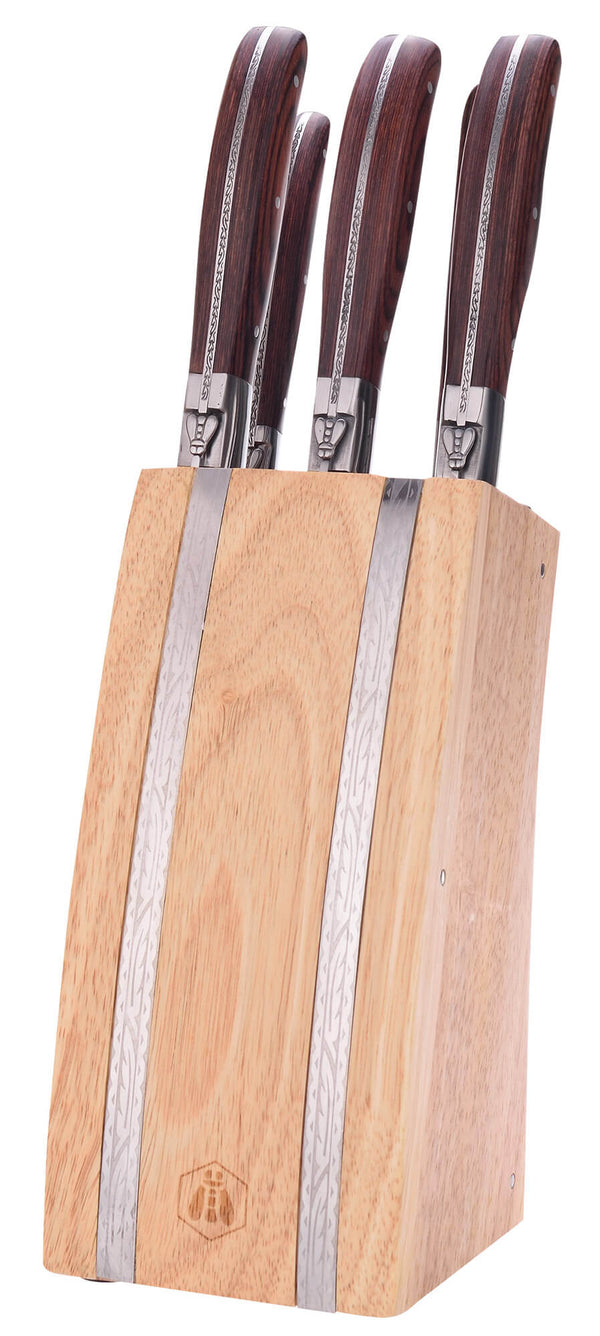 Bloc en bois avec 3 couteaux 1 fourchette 1 fusil à aiguiser manche en bois sconto