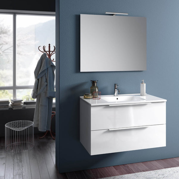 prezzo Meuble de Salle de Bain Suspendu avec Lavabo Miroir et Lampe LED Luna TFT Blanc Brillant