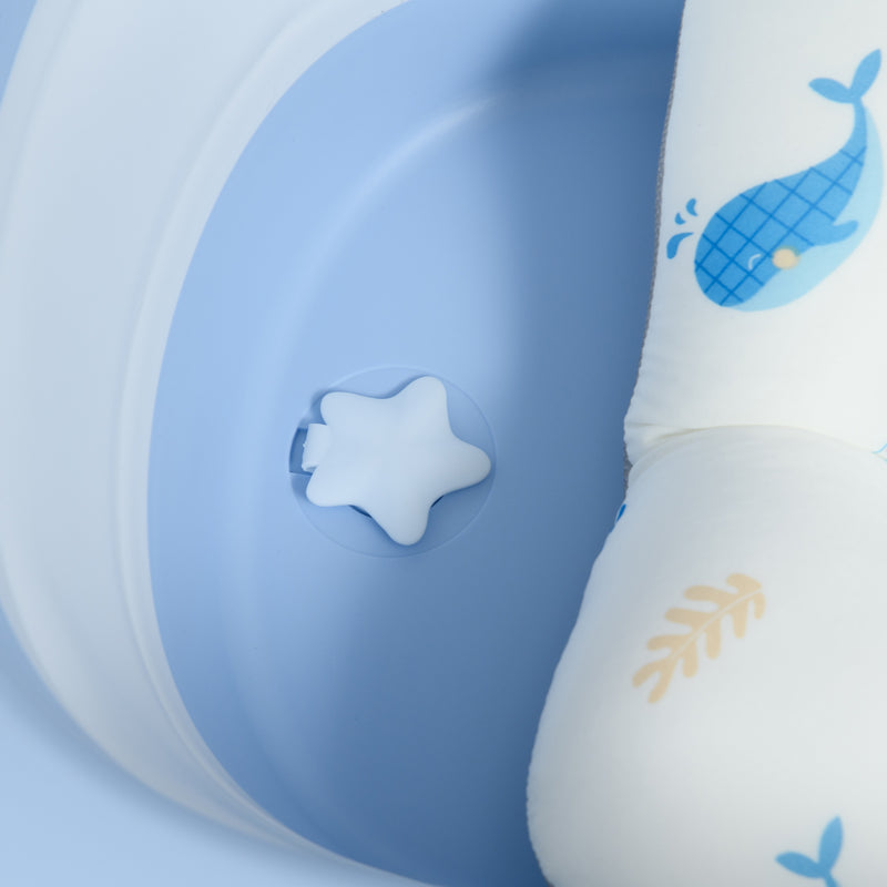 Vaschetta Bagnetto Pieghevole per Bambini 0-6 Anni 83x48x23,5 cm con Cuscino e 2 Ripiani Blu e Bianco