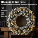 Ghirlanda Natalizia Innevata Ø60x12 cm con Luci LED 8 Modalità 140 Rami e Pigne in PVC Verde      