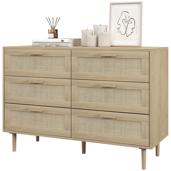 acquista Cassettiera 6 Cassetti Stile Boho per Soggiorno e Camera da Letto 110x40x75 cm in Legno e Rattan Naturale