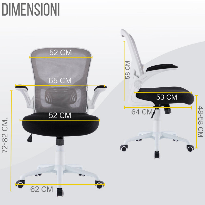 Sedia Operativa da Ufficio 62x63x105 cm Ergonomica con Braccioli Pieghevoli Bianco 