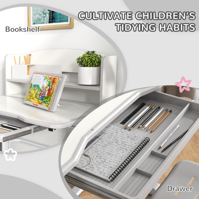 Banco Studio Scuola per Bambini 80x54,5x104 cm con Sedia Regolabile e Piano Inclinabile Grigio