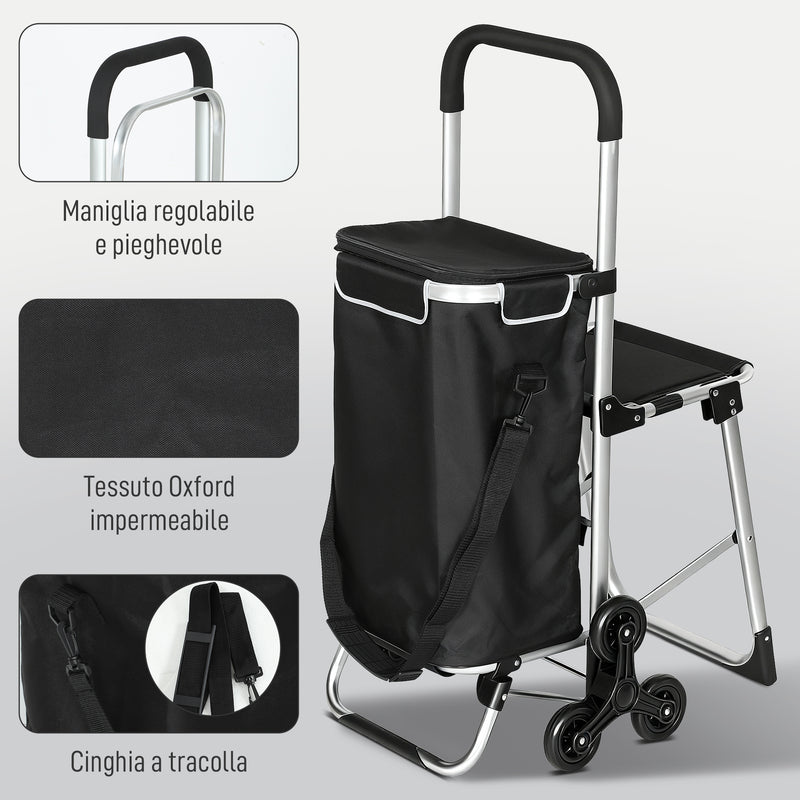 Carrello della Spesa 46x59.5x97 cm con Borsa da 40L Impermeabile e Sedile in Alluminio Nero e Argento      