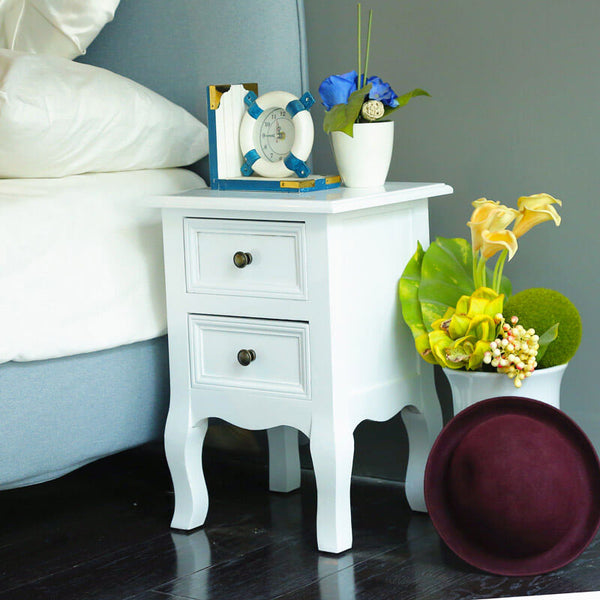 sconto Table de Chevet Fumer Teo Blanche avec 2 Tiroirs 35x31x49,5 cm en Bois Massif et MDF