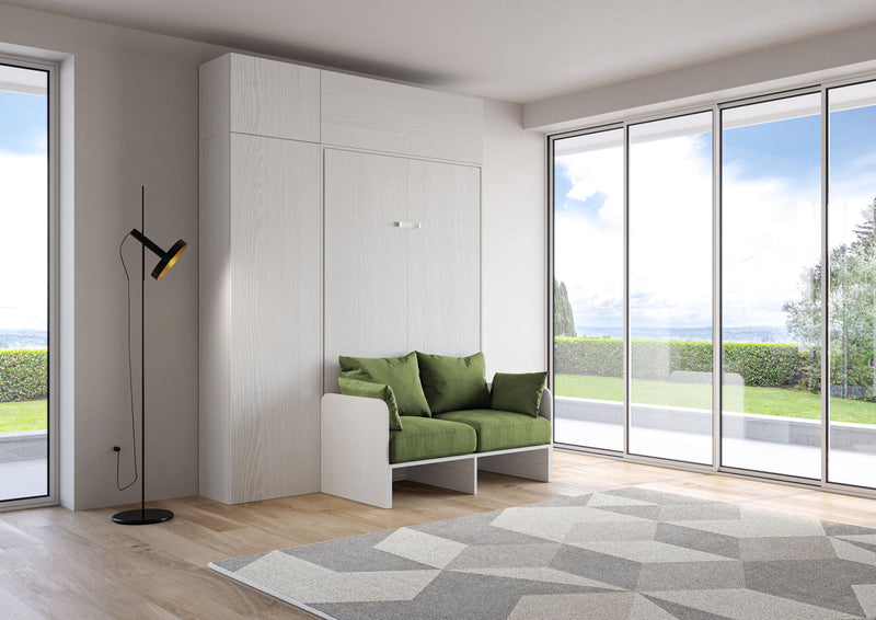 Letto Una Piazza E Mezzo A Scomparsa 120 Kentaro Con Divano E Mobili Bianco Frassino e Verde      