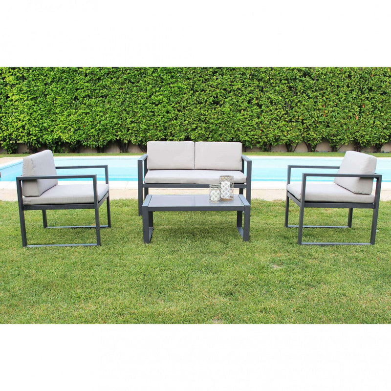Set Salotto da Giardino Divano 2 Poltrone e Tavolino con Cuscini in Alluminio Antracite