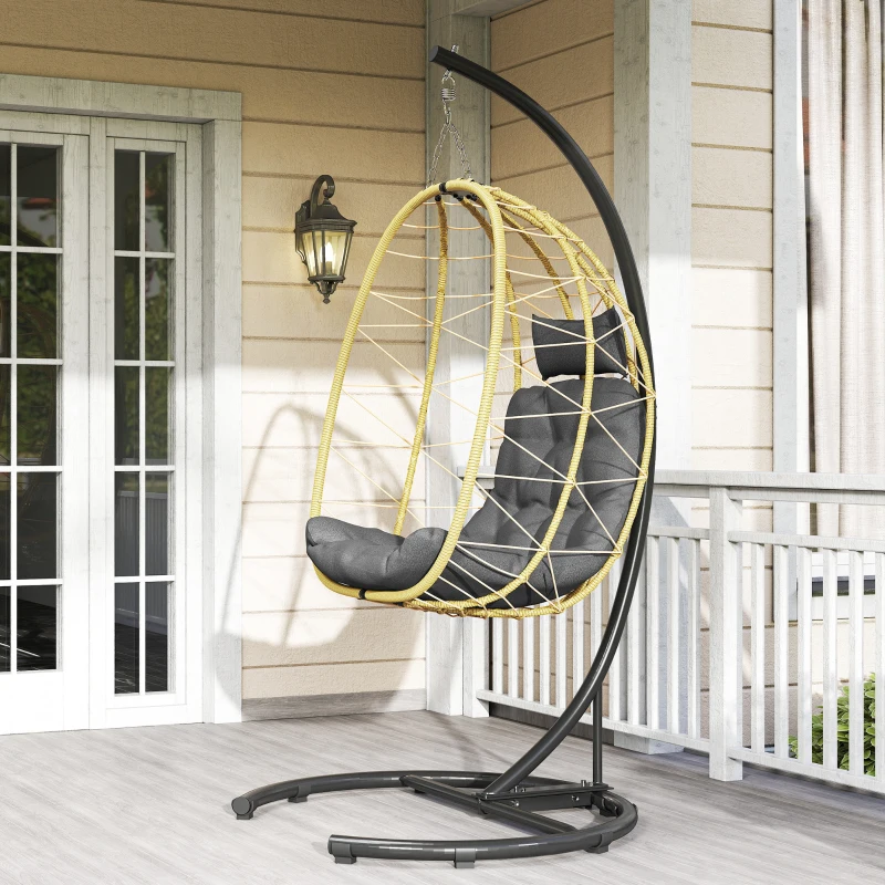 Dondolo Pensile da Giardino Pieghevole con Cuscini 102x102x195 cm in Acciaio e Rattan PE Nera Grigia e Beige