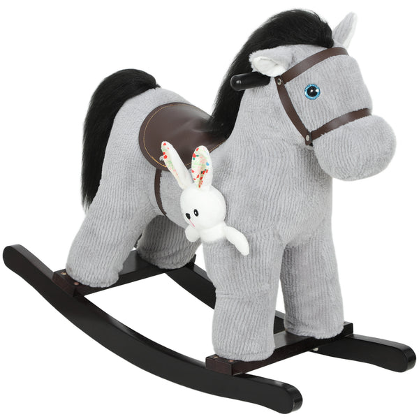 Cavallo a Dondolo con Suoni per Bambini da 2-5 Anni Coniglietto Incluso in Legno e Peluche Grigio online