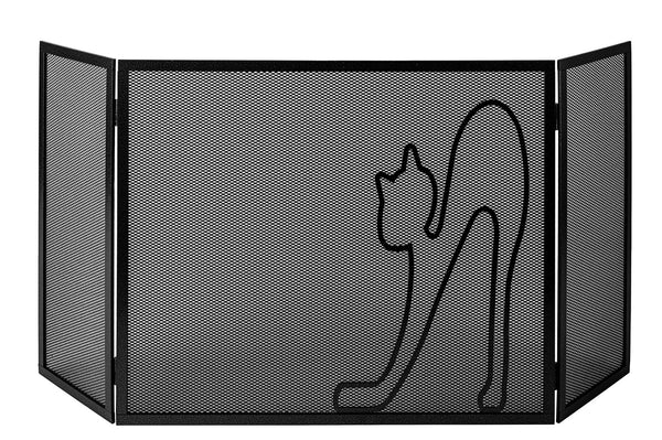Parascintille per Camino a 3 Ante Design Gatto 20+60+20x50 cm in Ferro Verniciato Grigio Martellato sconto