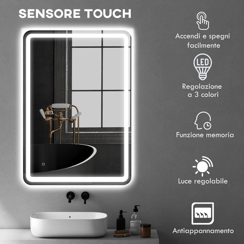 Specchio Bagno da Parete 70x100 cm con Interruttore Touch e Luce LED in Vetro Temperato Argento  
