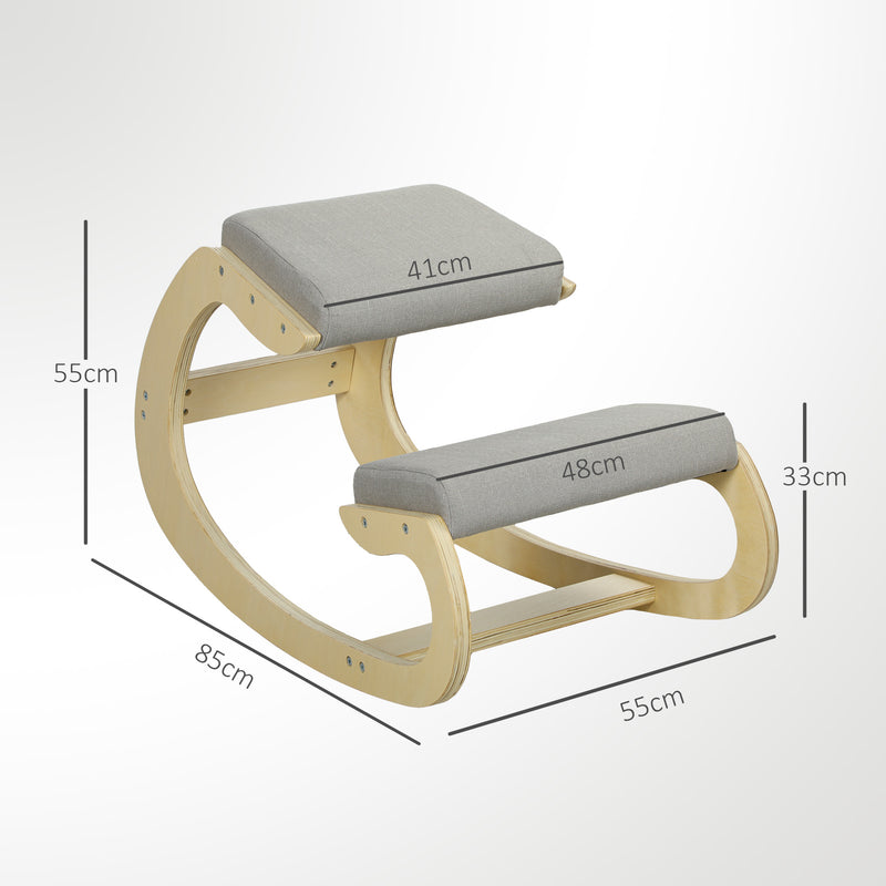 Sedia Ergonomica con Inginocchiatoio 55x85x55 cm Reclinabile in Tessuto Effetto Lino e Legno Grigio Chiaro 