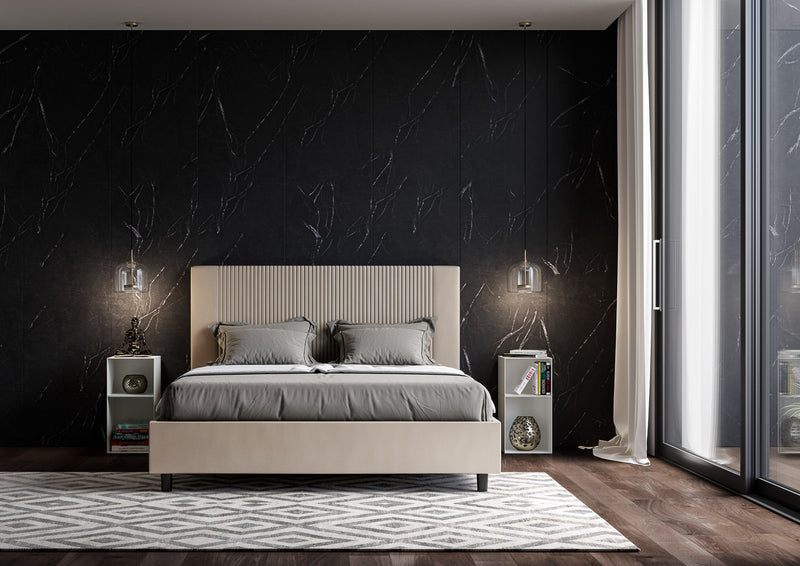 Letto Matrimoniale con Testata e Alzata Comoda Imbottito in Similpelle Goya Tortora Varie Misure