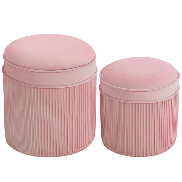 online Set 2 Pouf Poggiapiedi Rotondi Impilabili Contenitore da 34.8L Imbottiti con Rivestimento in Velluto Rosa