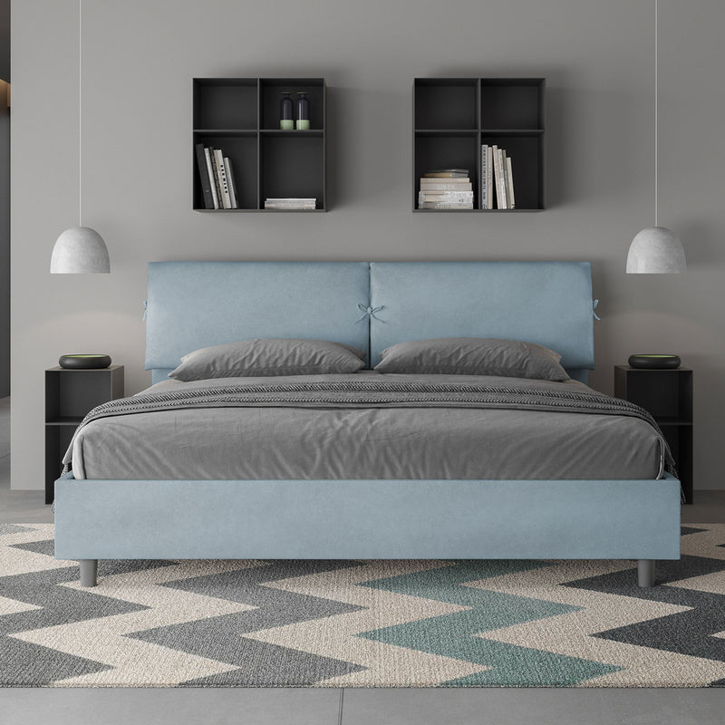 Letto Matrimoniale Testata con Cuscini Imbottito in Microfibra Mados Azzurro Varie Misure